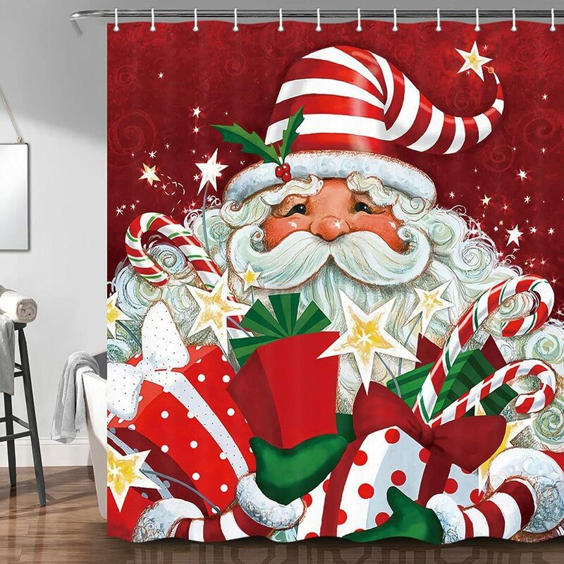 

Cortinas de ducha de baño de Navidad, dibujos animados festivos de santa claus con muchos regalos Cortinas de ducha de feliz Navidad, 150 * 180