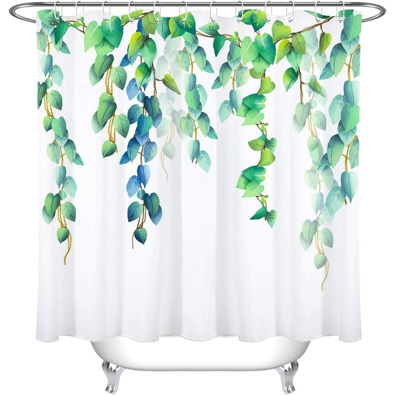 

Cortinas de ducha de hojas verdes 180X180CM Follaje de primavera de acuarela, Cortinas de baño blancas con ganchos, Poliéster impermeable Anti moho