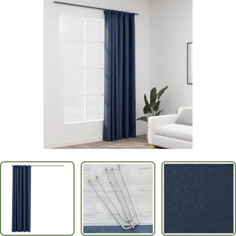 Cortinas de lino -  Cortina opaca con ganchos look de lino azul 290x245 cm