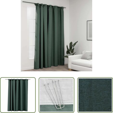 Cortinas de lino -  Cortina opaca con ganchos look de lino verde 290x245 cm
