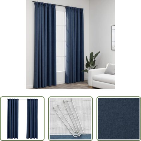 Cortinas de lino -  Cortinas opacas con ganchos look de lino 2 pzas azul 140x225 cm