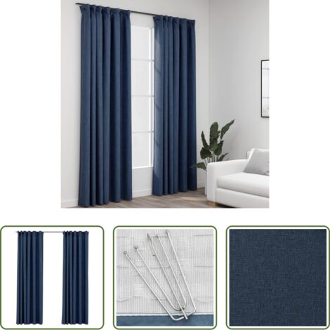 Cortinas de lino -  Cortinas opacas con ganchos look de lino 2 pzas azul 140x245 cm
