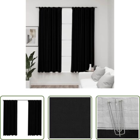 Cortinas de lino -  Cortinas opacas con ganchos look de lino 2 pzas negro 140x175cm