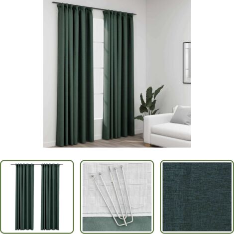 Cortinas de lino -  Cortinas opacas con ganchos look de lino 2 pzas verde 140x245cm