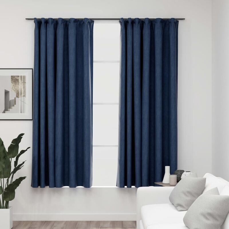 

Cortinas opacas con ganchos look de lino 2 pzas azul 140x175 cm - Azul