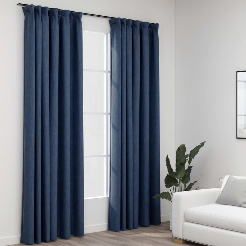 

Cortinas opacas con ganchos look de lino 2 pzas azul 140x225 cm - Azul