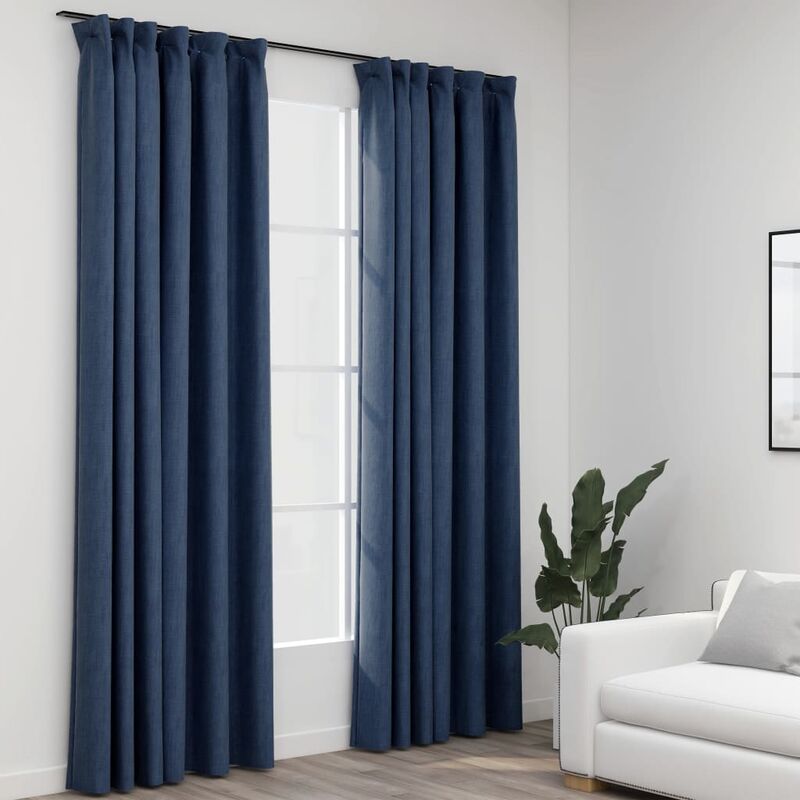 

Cortinas opacas con ganchos look de lino 2 pzas azul 140x245 cm