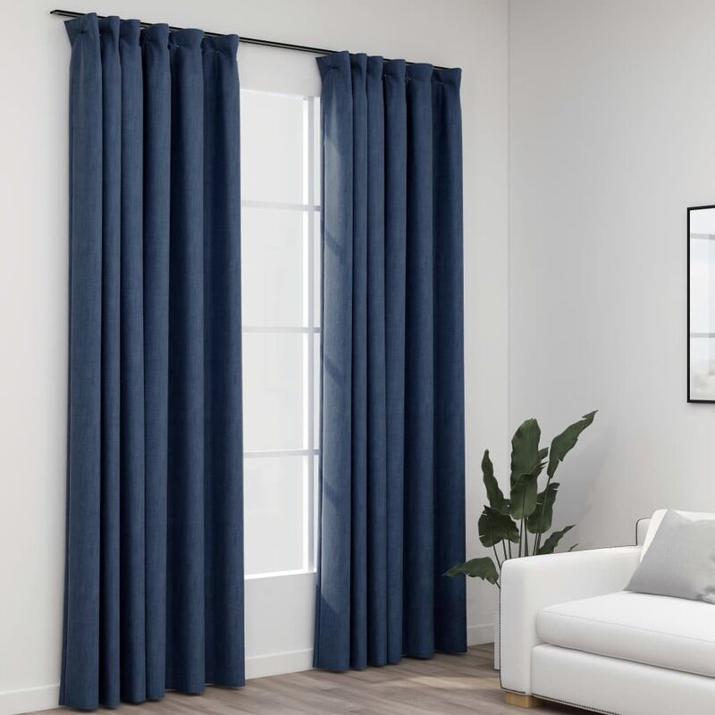 

Cortinas opacas con ganchos look de lino 2 pzas azul 140x245 cm - Azul