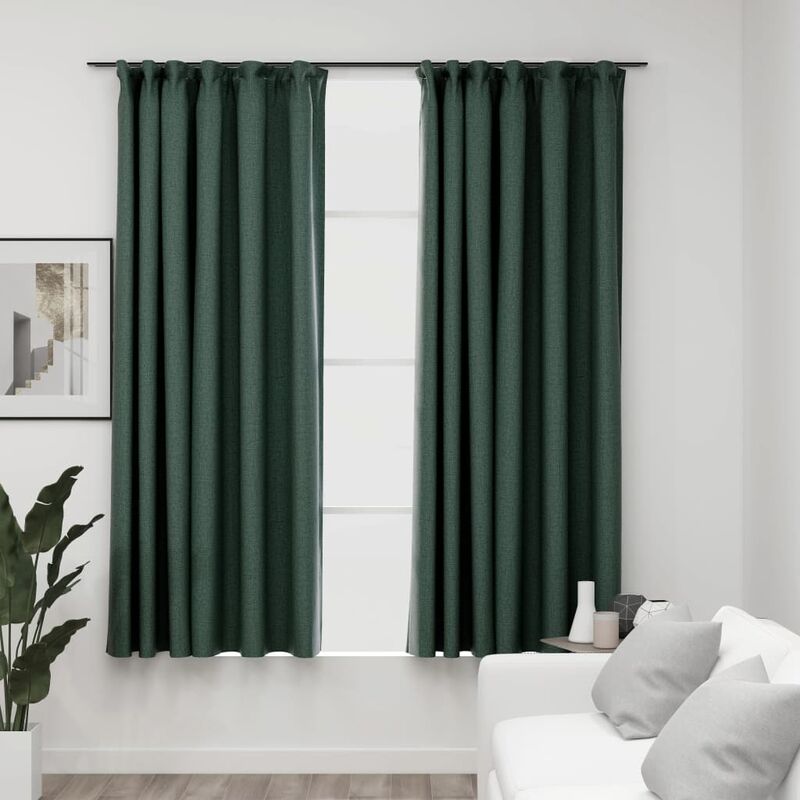 

Cortinas opacas con ganchos look de lino 2 pzas verde 140x175cm - Verde