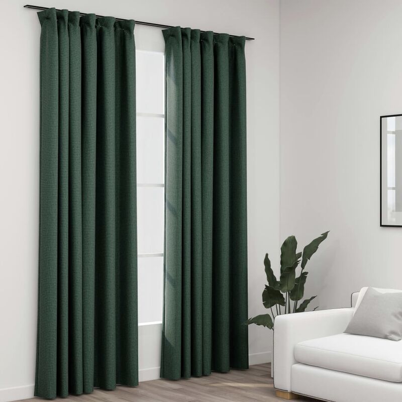 

Cortinas opacas con ganchos look de lino 2 pzas verde 140x225cm - Verde