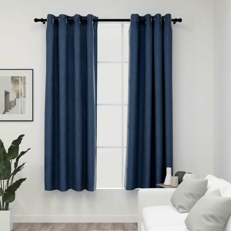 

Cortinas opacas con ojales look de lino 2 pzas azul 140x175 cm