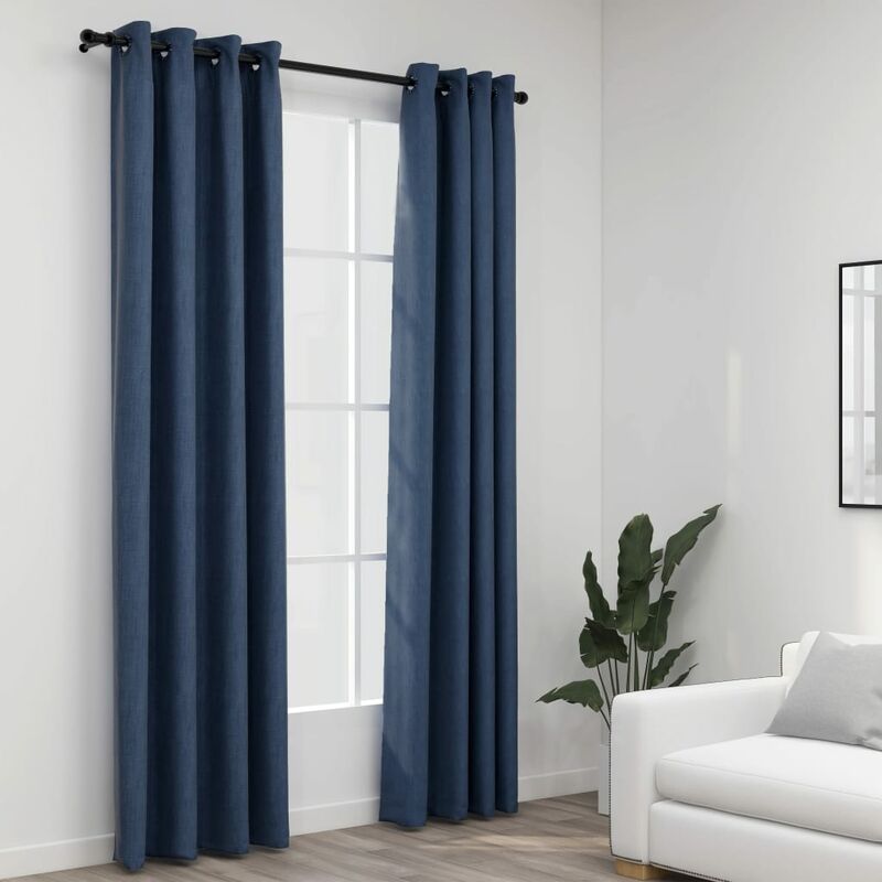 

Cortinas opacas con ojales look de lino 2 pzas azul 140x245 cm - Azul