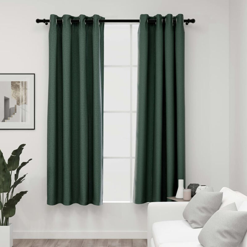 

Cortinas opacas con ojales look de lino 2 pzas verde 140x175 cm