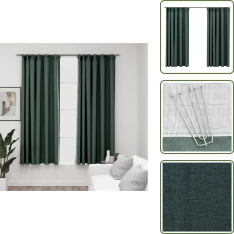 Cortinas para salón - vidaXL Cortinas opacas con ganchos look de lino 2 pzas verde 140x175cm - Cortinas para dormitorio