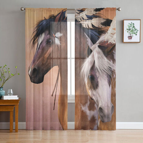 Cortinas transparentes de tul con pintura de acuarela de Caballo Blanco y negro, para ventana, sala de estar, cocina, dormitorio de niños, cortina colgante de gasa,LEO01197,W135 x H274cm x2