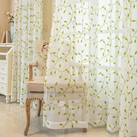 Cortinas transparentes para dormitorios, 140x260cm, beige y verde con ojales, juego de 2, cortinas modernas con estampado de hojas bordadas para sala de estar.