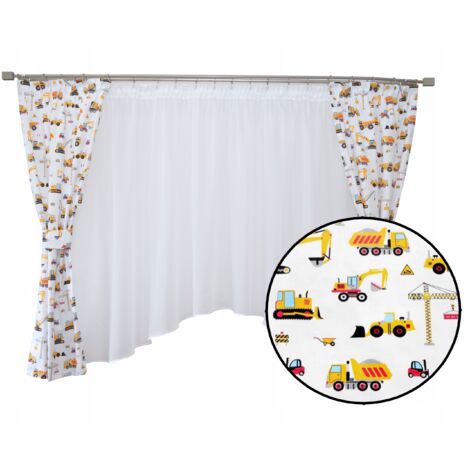 Cortinas, visillos, excavadora, amarillo sobre blanco, conjunto