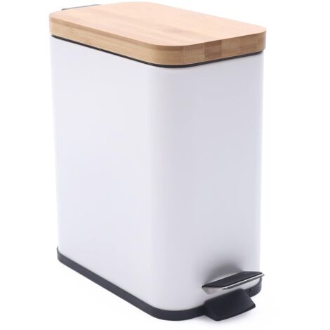 Cosmetic Bin, 5L Trash Can Pedal Trash Can with Bamboo Lid for Bathroom Bedroom Kitchen Office (White)