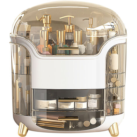 Cosmetic Box Large Capacity Compartment Storage Rotatable Waterproof Transparent Vertical Makeup Organizer White