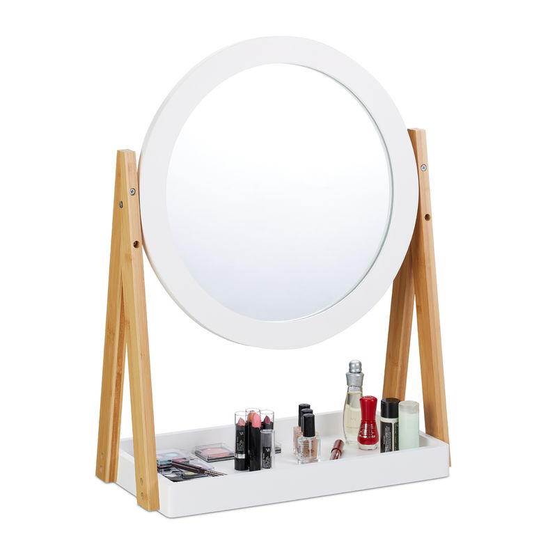 Cosmetic Makeup Mirror, Bamboo Vanity Mirror with Storage Tray