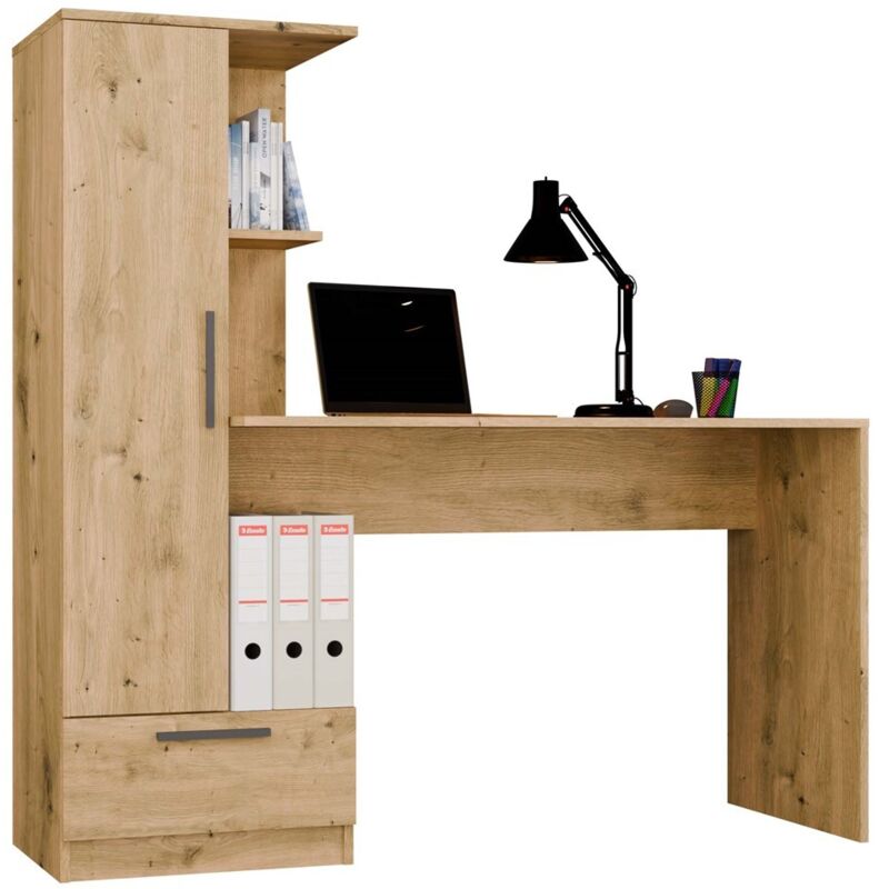 Topeshop – Bureau droit chêne artisan avec étagère intégrée, 6 étagères, 1 tiroir, 140x143x50 cm – Style moderne et minimaliste Topeshop – Bureau droit chêne artisan avec étagère intégrée, 6 étagères, 1 tiroir, 140x143x50 cm – Style moderne et minimaliste