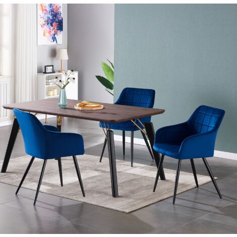 Cosmo LUX Camden Dining Set - a Walnut Wooden Dining Table and Set of 4 Blue Velvet Dining Chairs - Dining Room Kitchen