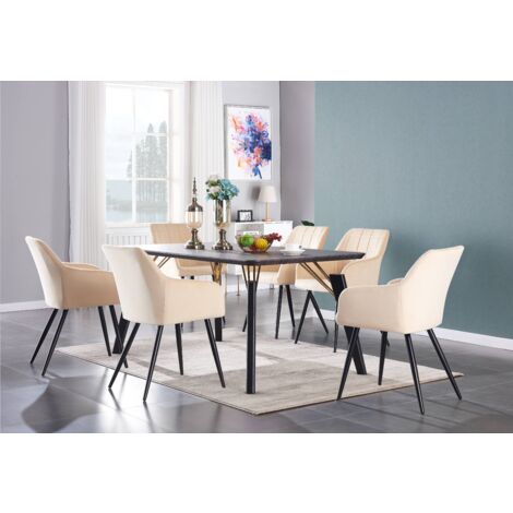 Cosmo LUX Camden Dining Set - a Walnut Wooden Dining Table and Set of 6 Cream Velvet Dining Chairs - Dining Room Kitchen