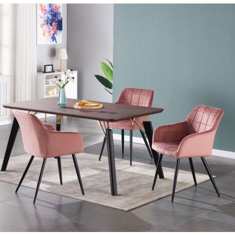 Cosmo LUX Camden-Esszimmerset – ein Esstisch aus Walnussholz und ein Set mit 4 Esszimmerstühlen aus rosa Samt – Esszimmerküche