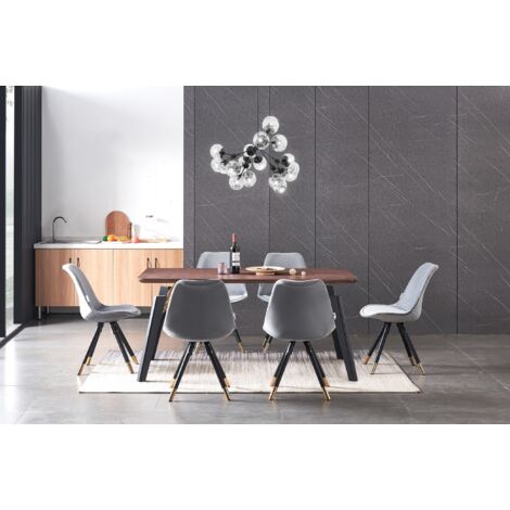 Cosmo LUX Sofia Dining Set - a Walnut Wooden Dining Table and Set of 6 Light Grey Velvet Dining Chairs - Dining Room Kitchen
