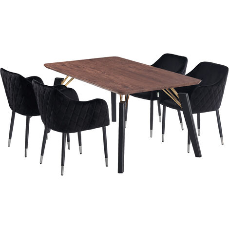 Cosmo LUX Verona Dining Set - a Walnut Wooden Dining Table and Set of 4 Black Vevet Dining Chairs - Dining Room Kitchen