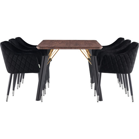 Cosmo LUX Verona Dining Set - a Walnut Wooden Dining Table and Set of 6 Black Vevet Dining Chairs - Dining Room Kitchen