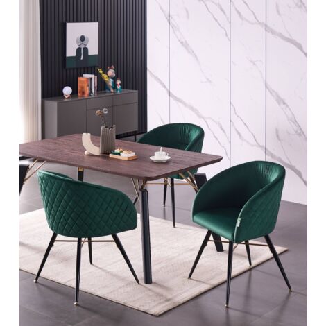 Cosmo LUX Vittorio Dining Set - a Walnut Wooden Dining Table and Set of 4 Green Velvet Dining Chairs - Dining Room Kitchen