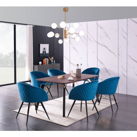 Cosmo LUX Vittorio Dining Set - a Walnut Wooden Dining Table and Set of 6 Blue Velvet Dining Chairs - Dining Room Kitchen