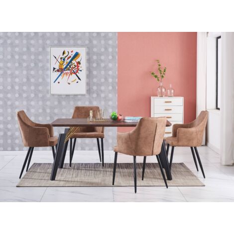 Cosmo LUX Zarah Dining Set - a Walnut Wooden Dining Table and Set of 4 Brown Leather Dining Chairs - Dining Room Kitchen