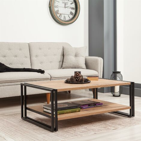Cosmo Rectus - Coffee Table With Shelf Easy Assembly Side Table Living Room - Pine - Metal Legs - Walnut