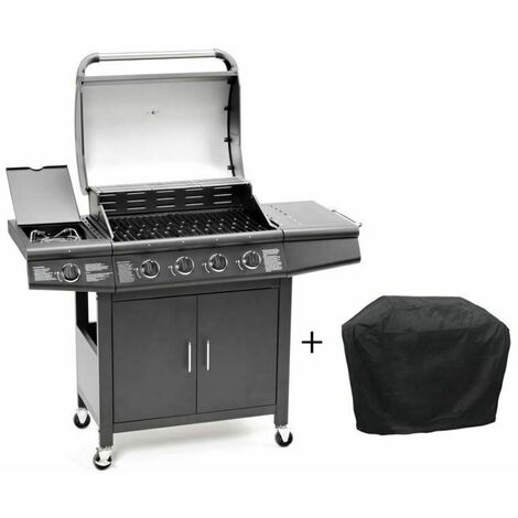 main image of "CosmoGrill 4+1 Pro Gas BBQ Barbecue Grill Inc. Side Burner- 93411 with cover - Black"