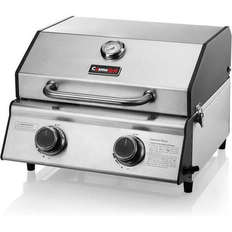 main image of "CosmoGrill Compact Gas Stainless Steel 2 Burner BBQ Ideal For Tables Grills Terraces Camping with Cover"