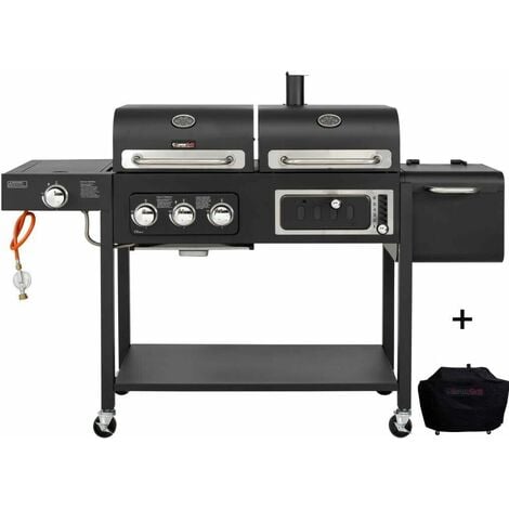main image of "CosmoGrill Outdoor Barbecue DUO Gas Grill + Charcoal Smoker Portable BBQ with BBQ cover"