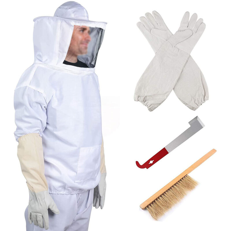 KZQ - Costume d'apiculture avec chapeau et voile d'abeille, gants, brosse à abeille, crochet en j en acier, costume d'apiculture professionnel