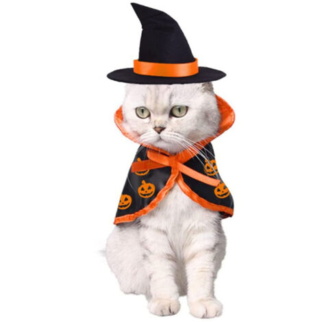 Costume d'Halloween complet pour chien ou chat, comprenant une cape à motif citrouille et un chapeau assorti