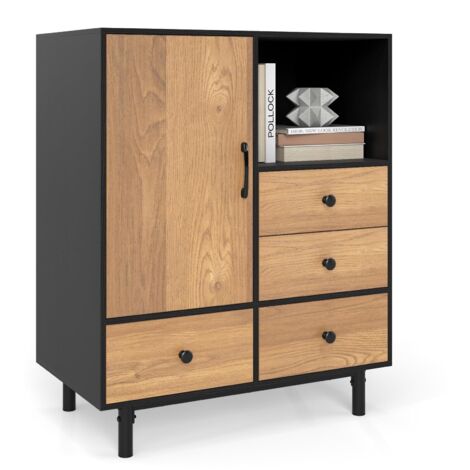 COSTWA Credenza a Buffet, Armadietto da Cucina con 4 Cassetti, Scomparto Aperto e Gambe in Metallo, per Sala da Pranzo, Soggiorno, Ingresso, 80 x 45,5 x 97,5 cm (Nero)