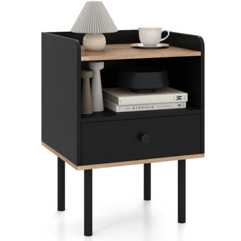 COSTWAY 1 Pcs Nightstand Bedside Table with Drawer & Open Storage Shelf-Black
