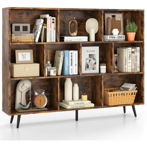 COSTWAY 10-Cube Bookcase 140 CM Mid Century Modern Storage Organizer-Brown