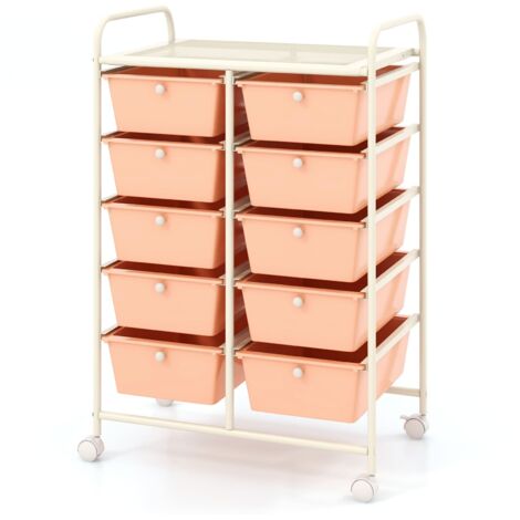 COSTWAY 10-Drawer Storage Cart Rolling Cart w/Universal Wheel & Handle Pink