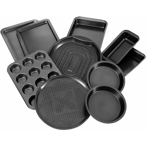 COSTWAY 10-teiliges Backblech-Set, Kuchenblech antihaftbeschichtet, Ofenblech aus Karbonstahl, Pizzablech schwarz