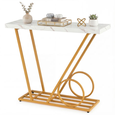 COSTWAY 100CM Faux Marble Console Table with Geometric Gold Metal Frame White