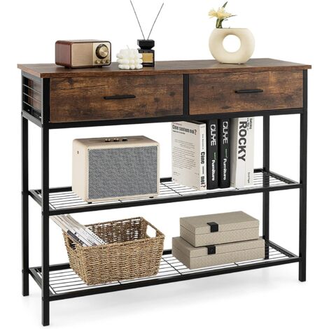 COSTWAY 100cm Konsolentisch mit 2 Schubladen, 3 Ebenen Flurtisch aus Holz, Beistelltisch mit Metallrahmen, mit Kippschutz Vintage