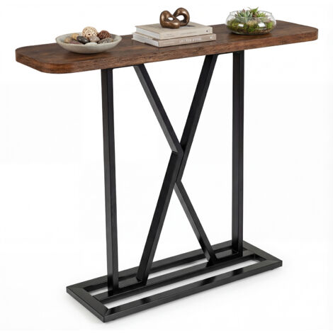 COSTWAY 100cm Rectangular Console Table with Geometric Metal Frame Rustic Brown