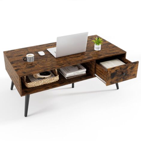 COSTWAY 109 CM Rectangular Wooden TV Stand Entertainment Center w/Open Shelf Rustic Brown