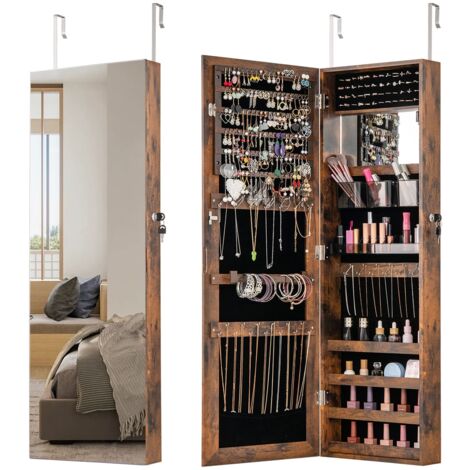 COSTWAY 110cm Jewelry Mirror Cabinet Wall/Door Mounted Jewelry Organizer-Coffee